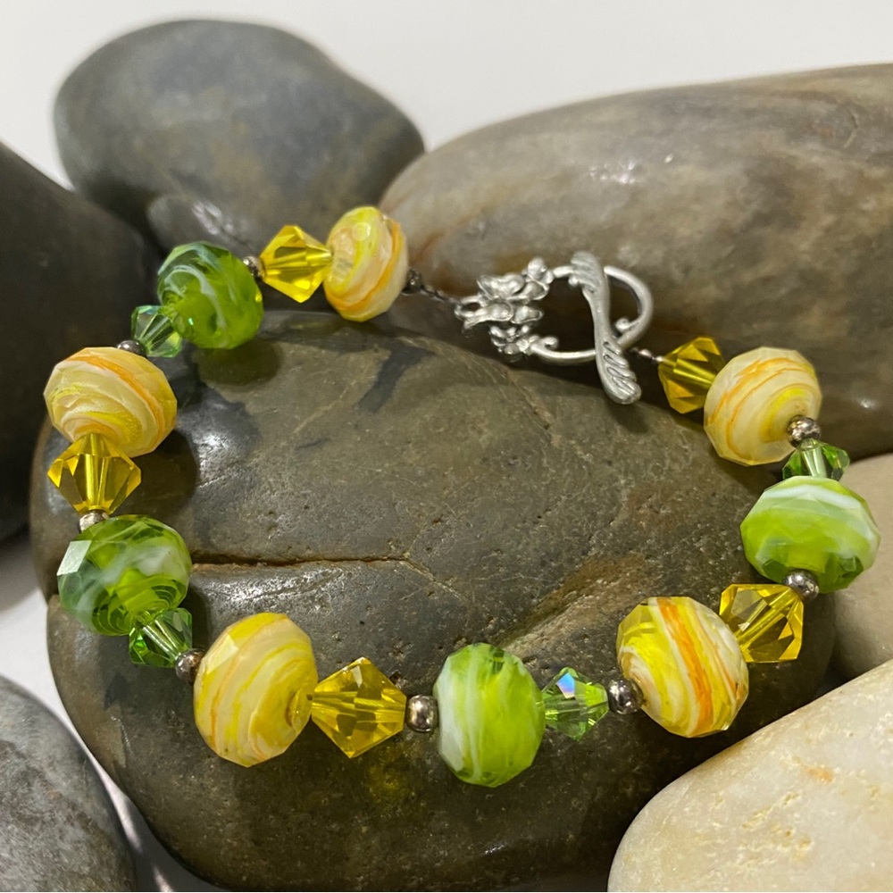 Handmade Green and Yellow Swarovski Crystal and Natural Stone Boho Bracelet
